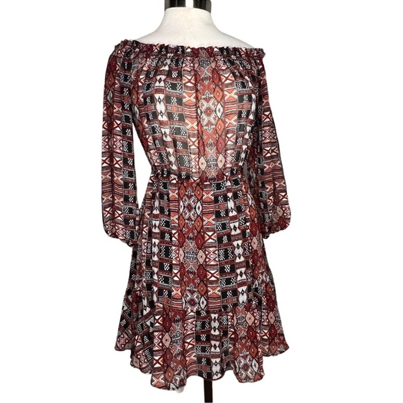 BB Dakota Red and Black Tribal Print Ruffled Trim Sundress w Smock Elastic Waist - Picture 13 of 16